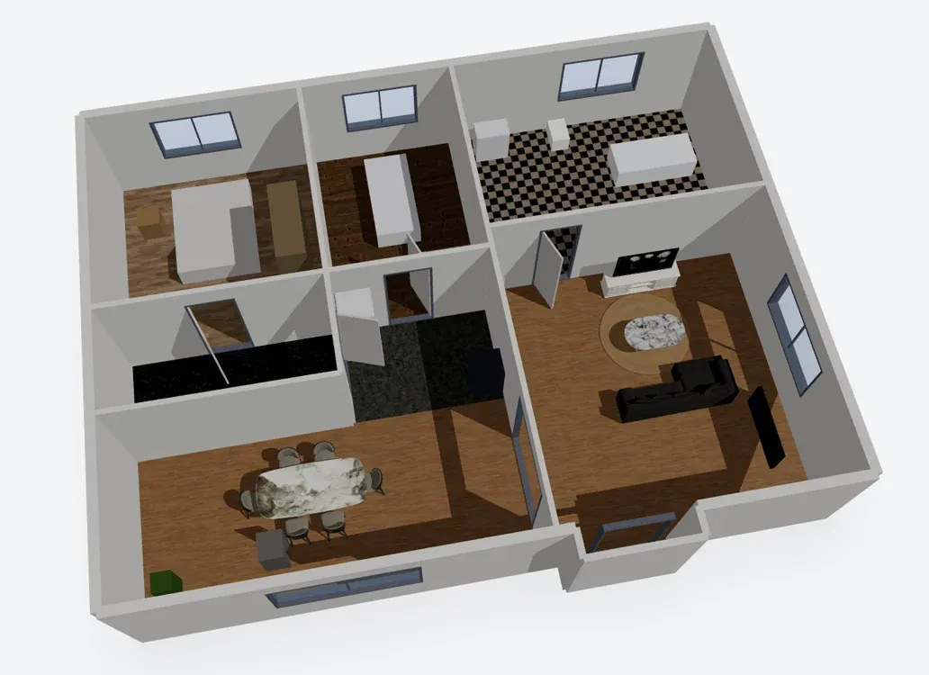 Plan 3D vu de dessus, aménagé avec mobilier et revêtements de sol