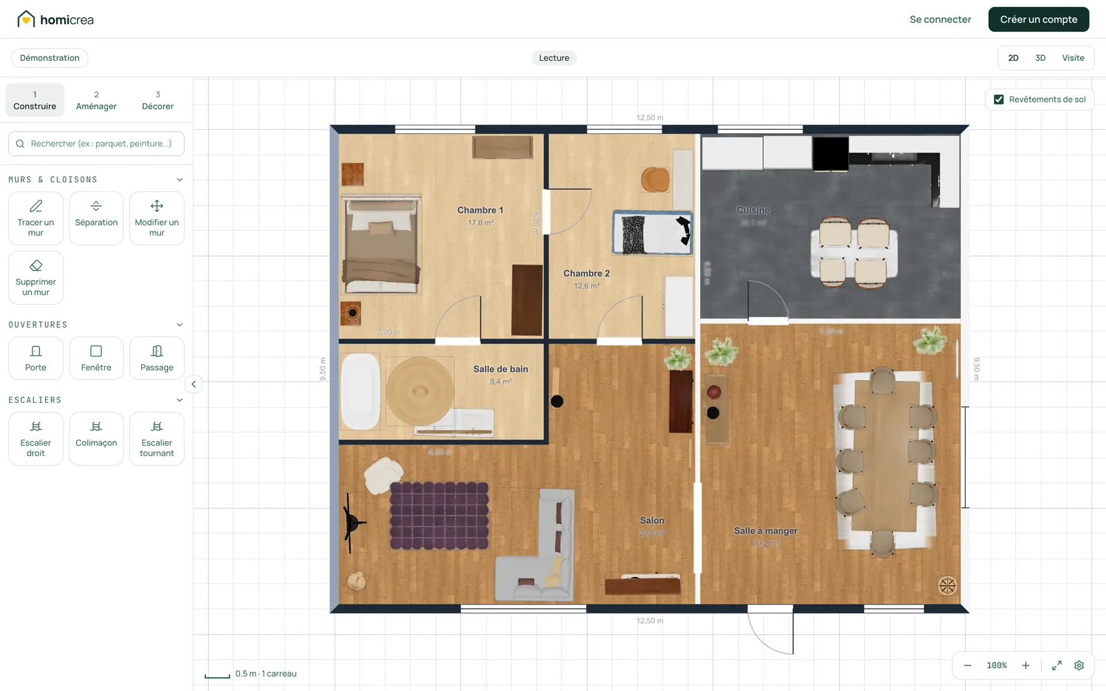 Vue 2D d'un plan partagé sur Homicrea, avec pièces, surfaces et mobilier