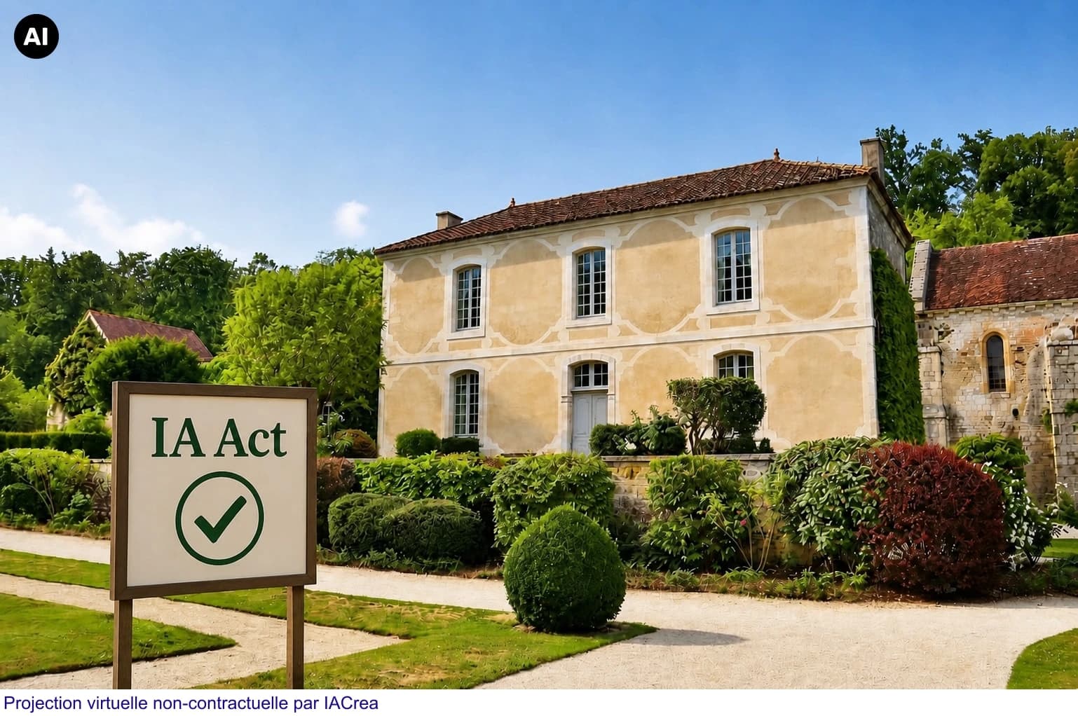 Photo d’une maison retouchée par l’IA avec l’icône IA de l’Union européenne en haut à gauche