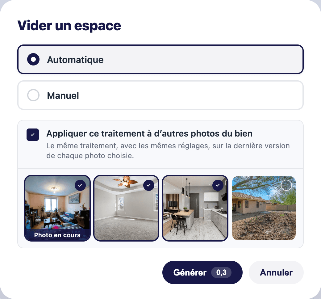 Modale Vider un espace avec option d’appliquer le traitement à d’autres photos du bien