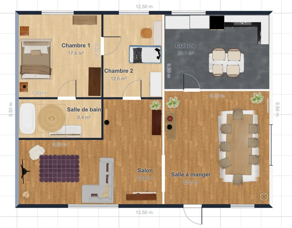 Plan d’étage 2D meublé avec surfaces et dimensions