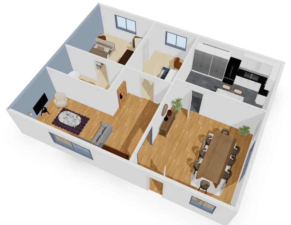 Vue 3D isométrique d’un appartement meublé