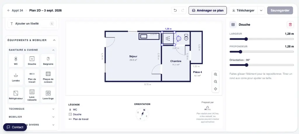 Éditeur web pour modifier un plan 2D IACrea : murs, cotes et outils